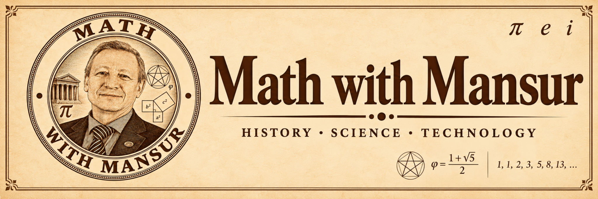 Mathematics with Mansur — портрет Мансура и математические символы в сепии